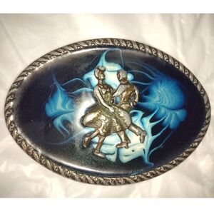 Vintage Square Dancing Belt Buckle Metal Silver Tone Blue Swirl Design Men
